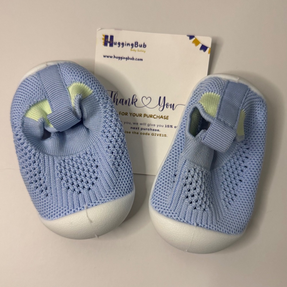 HuggingBub Baby Walking Shoes 12-18M Blue Knit Flexible Sole New